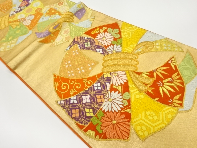 リサイクル　束ね熨斗に花々・古典柄模様織出し袋帯